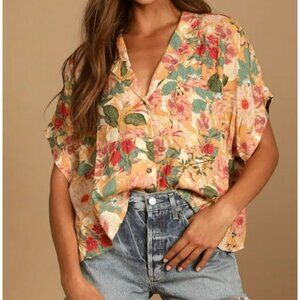 Lulus Blouse Floral Short-Sleeve Button-Up Size S Womens Casual Loose Fit